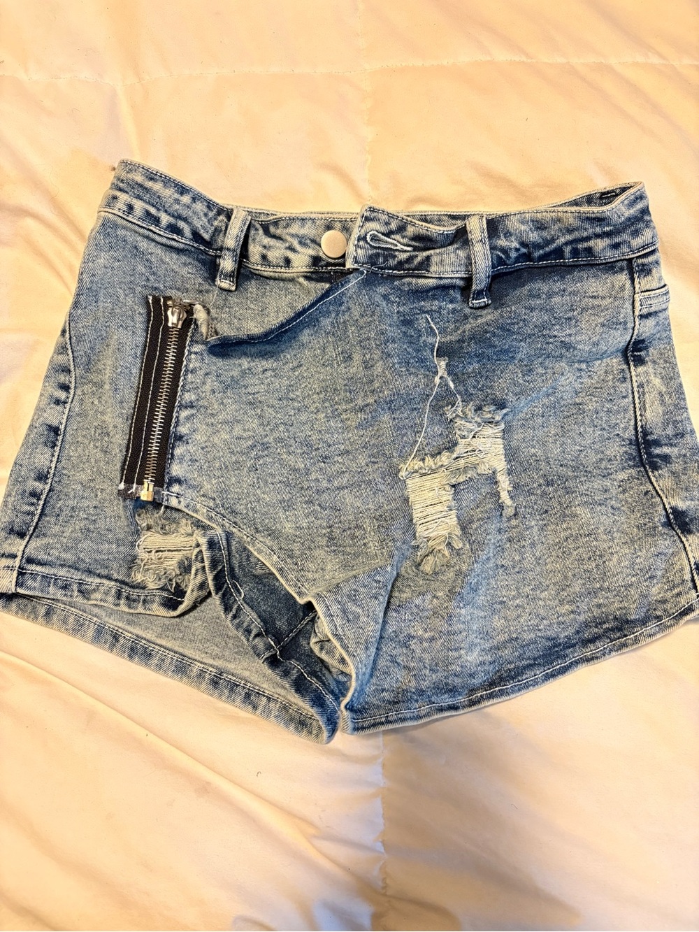 Fashion Nova Light Blue Distressed Asymmetrical Denim Skort with Black Zipper